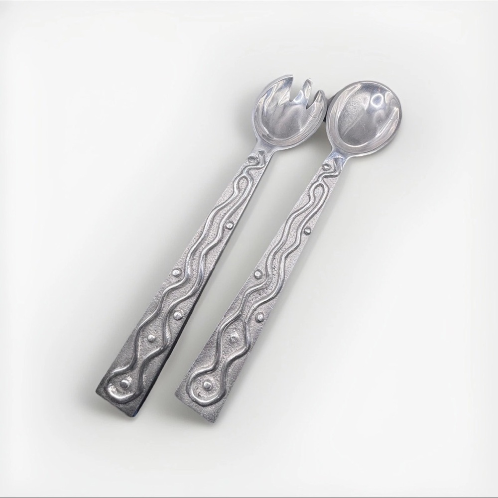 Vintage Salad Serving Set Fork Spoon Heavy Pewter Art Deco Rare 13.5”